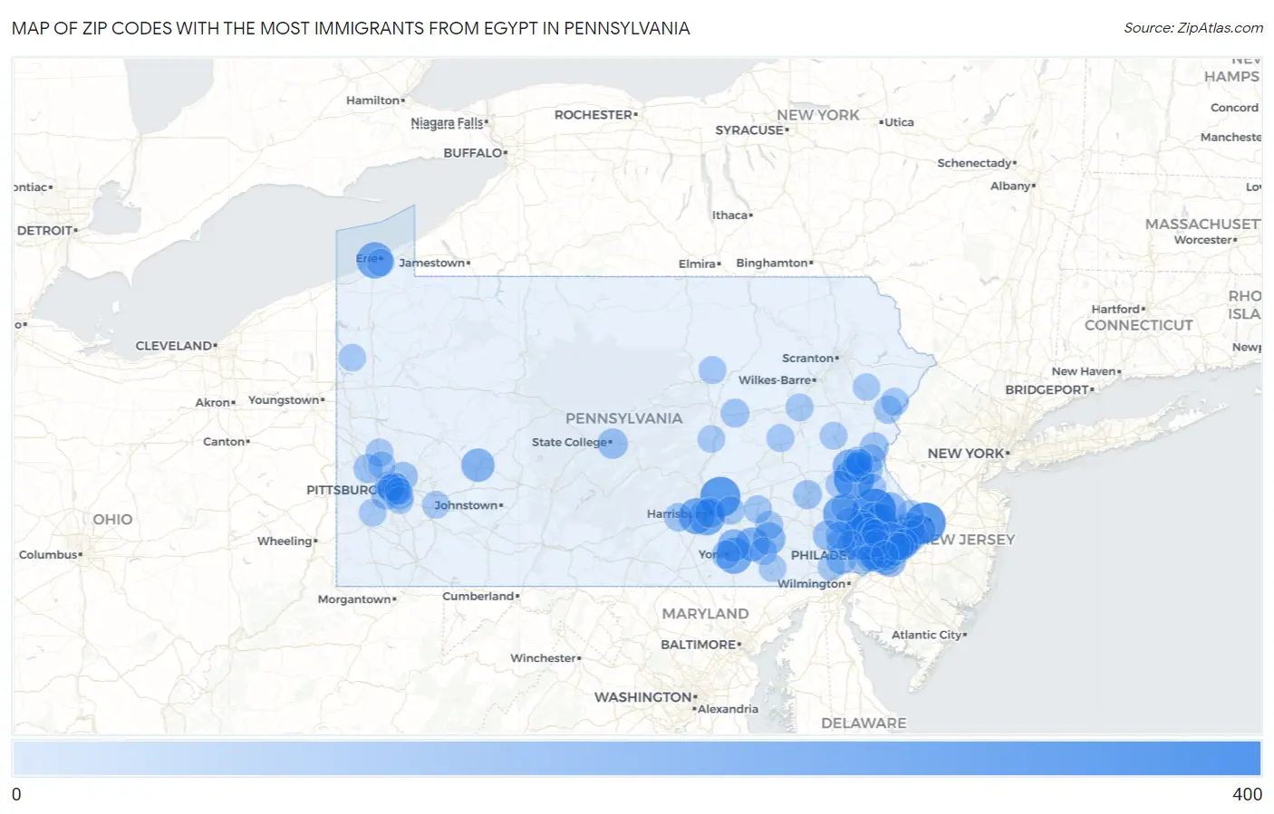 Zip Codes with the Most Immigrants from Egypt in Pennsylvania Map