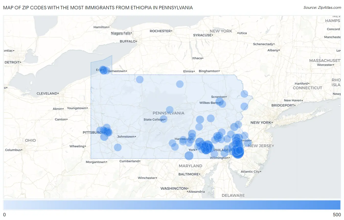 Zip Codes with the Most Immigrants from Ethiopia in Pennsylvania Map