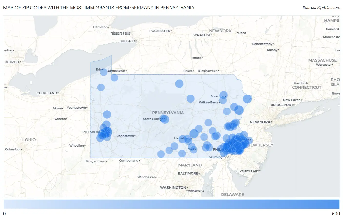 Zip Codes with the Most Immigrants from Germany in Pennsylvania Map