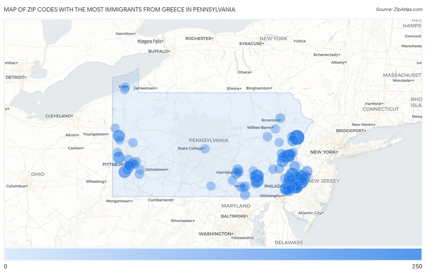 Zip Codes with the Most Immigrants from Greece in Pennsylvania Map