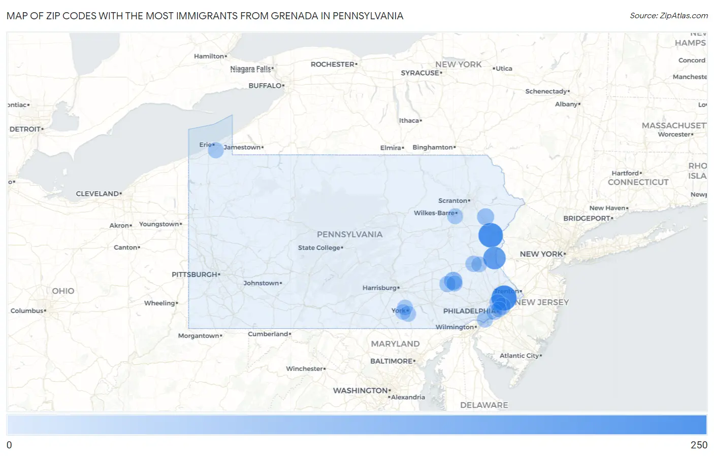 Zip Codes with the Most Immigrants from Grenada in Pennsylvania Map