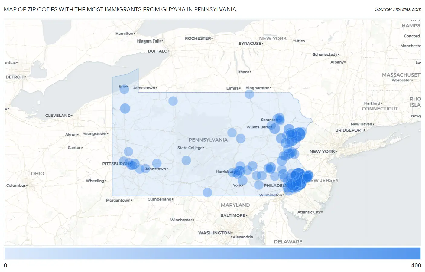 Zip Codes with the Most Immigrants from Guyana in Pennsylvania Map