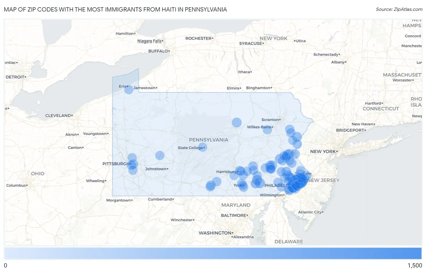 Zip Codes with the Most Immigrants from Haiti in Pennsylvania Map