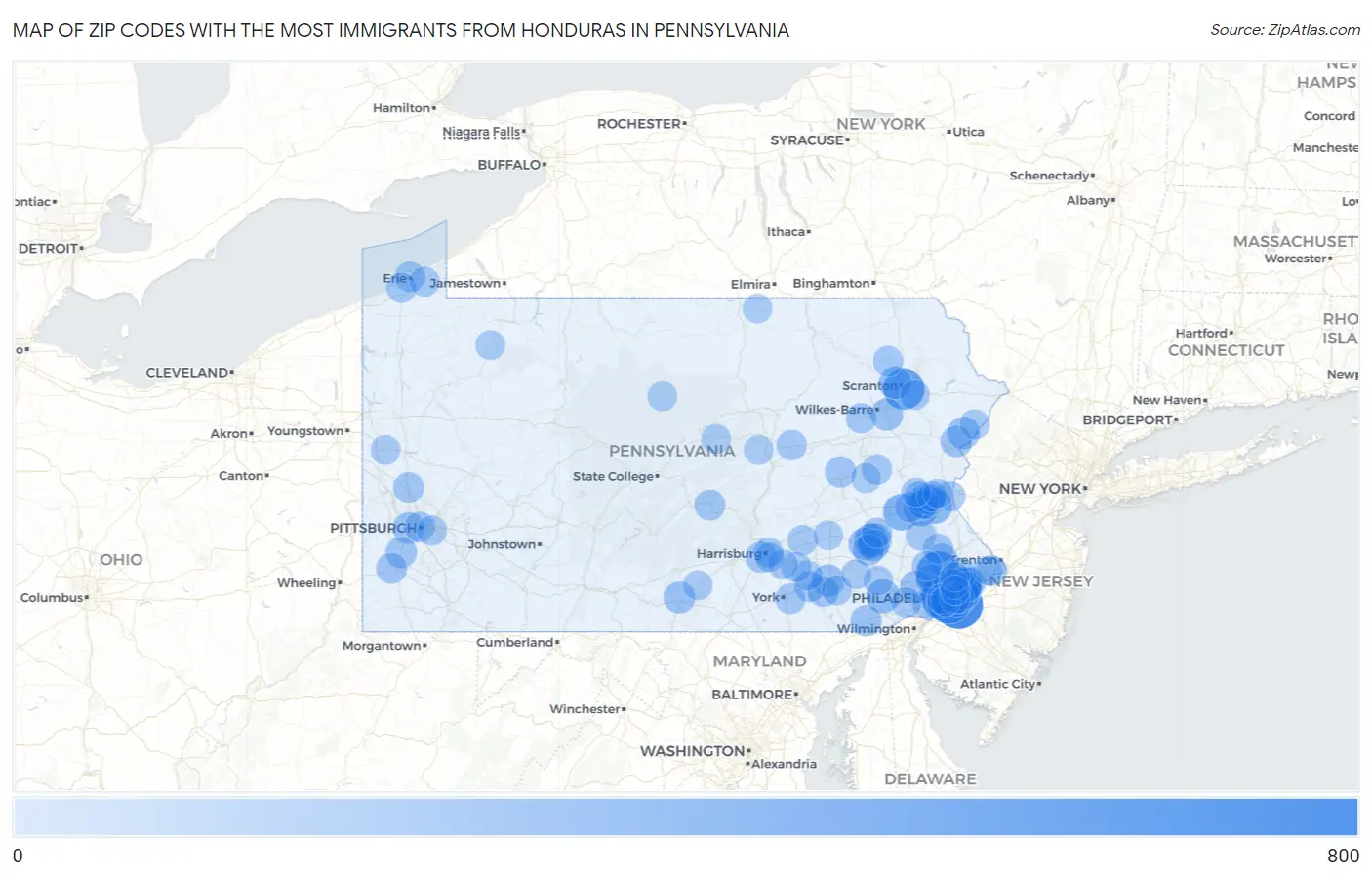 Zip Codes with the Most Immigrants from Honduras in Pennsylvania Map