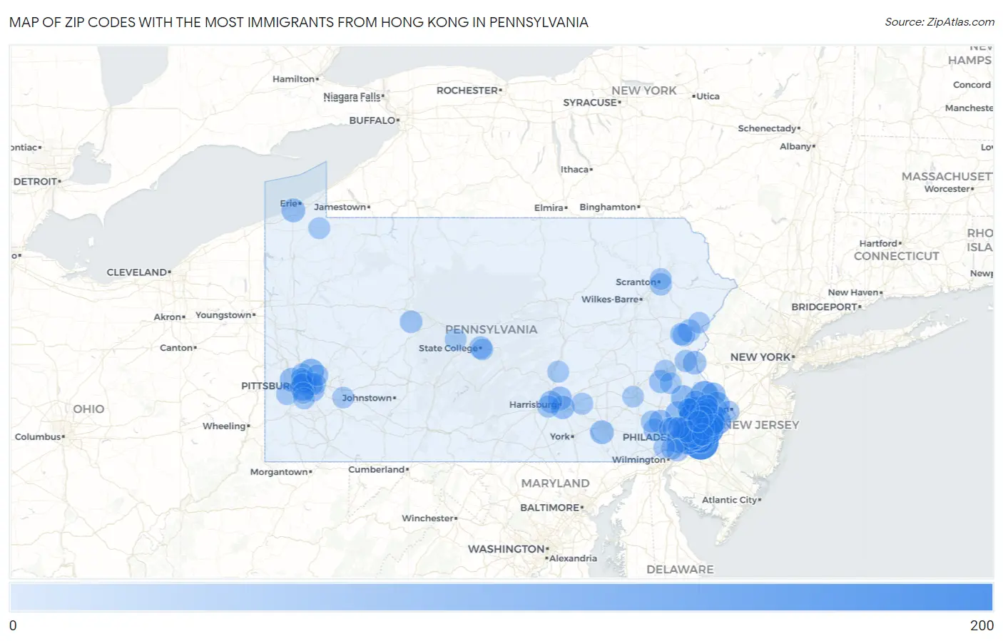 Zip Codes with the Most Immigrants from Hong Kong in Pennsylvania Map