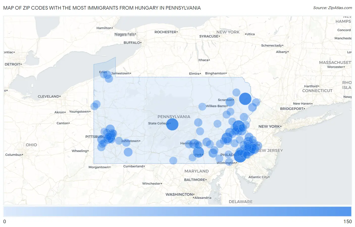 Zip Codes with the Most Immigrants from Hungary in Pennsylvania Map
