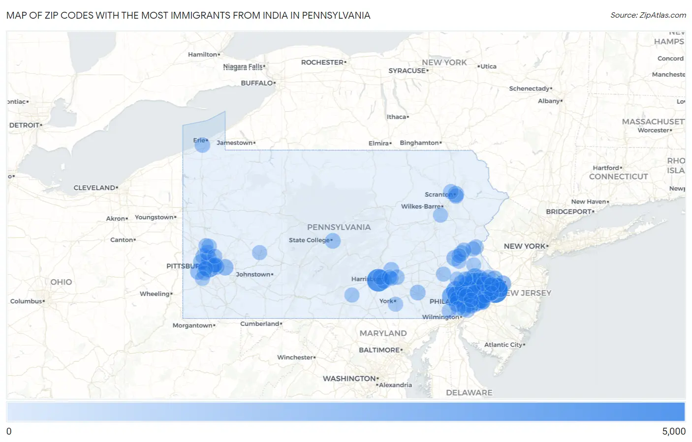Zip Codes with the Most Immigrants from India in Pennsylvania Map