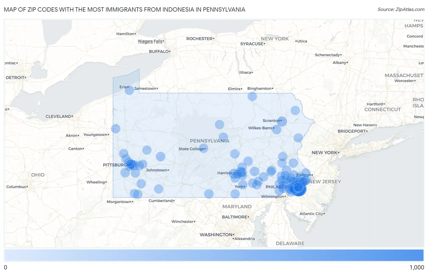 Zip Codes with the Most Immigrants from Indonesia in Pennsylvania Map