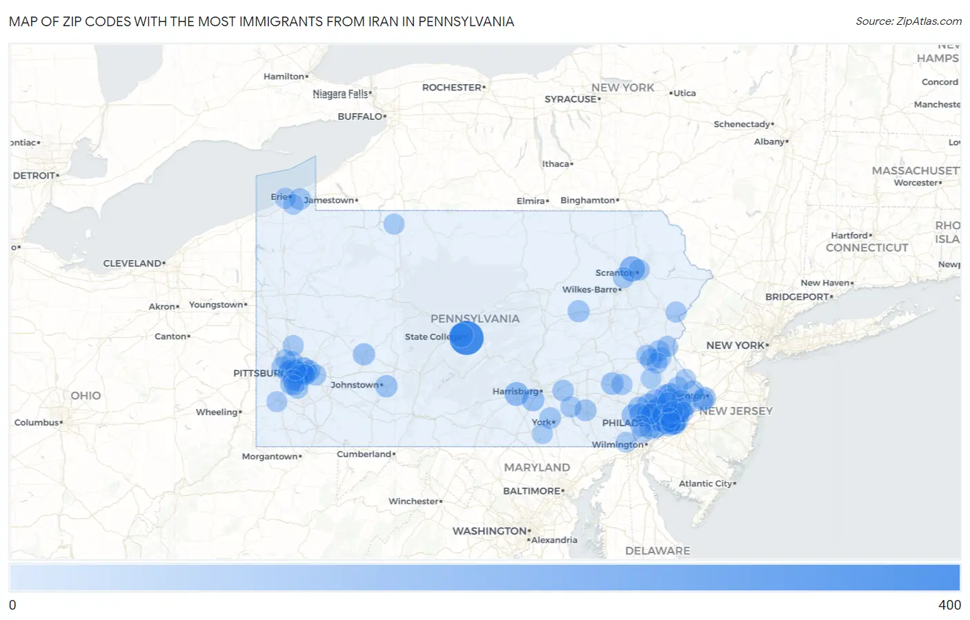 Zip Codes with the Most Immigrants from Iran in Pennsylvania Map