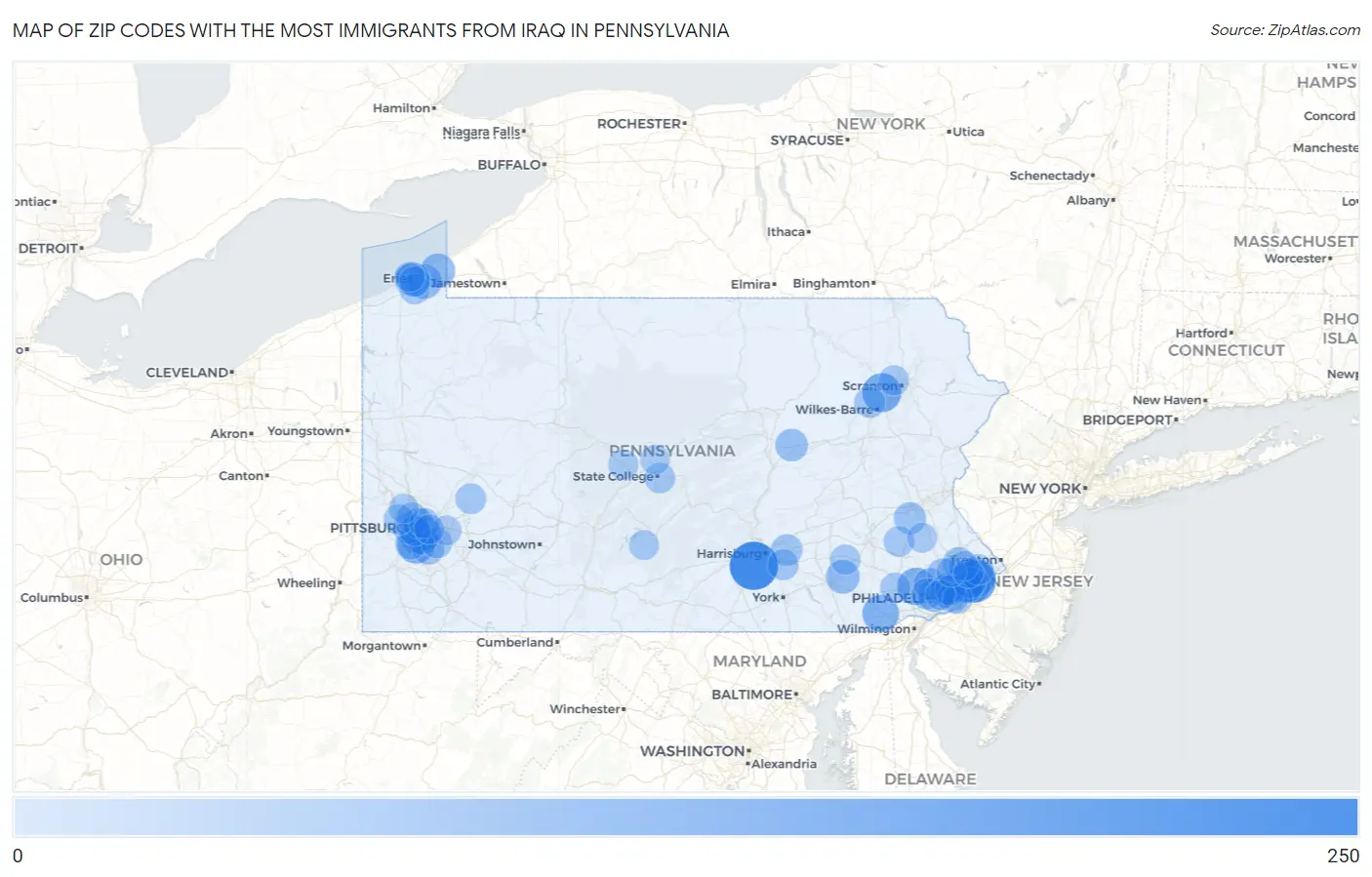 Zip Codes with the Most Immigrants from Iraq in Pennsylvania Map