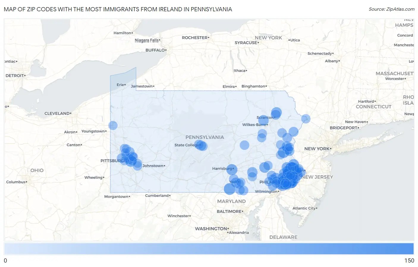 Zip Codes with the Most Immigrants from Ireland in Pennsylvania Map