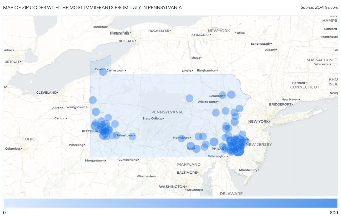 Zip Codes with the Most Immigrants from Italy in Pennsylvania Map