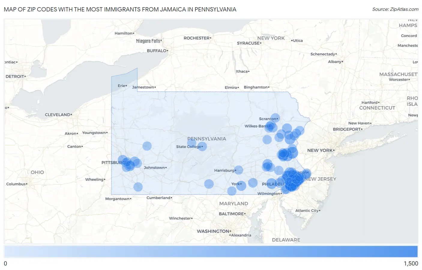 Zip Codes with the Most Immigrants from Jamaica in Pennsylvania Map