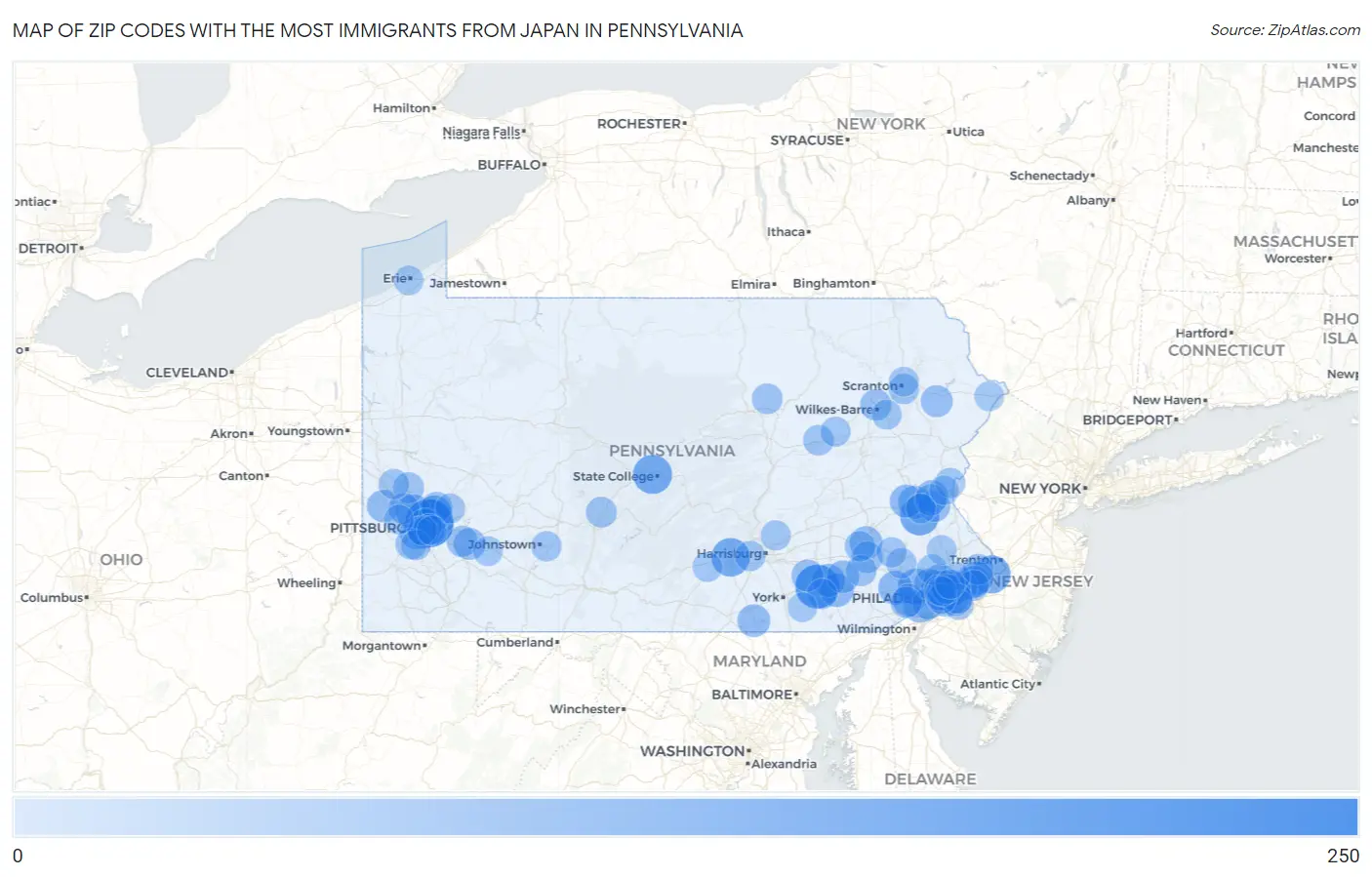 Zip Codes with the Most Immigrants from Japan in Pennsylvania Map