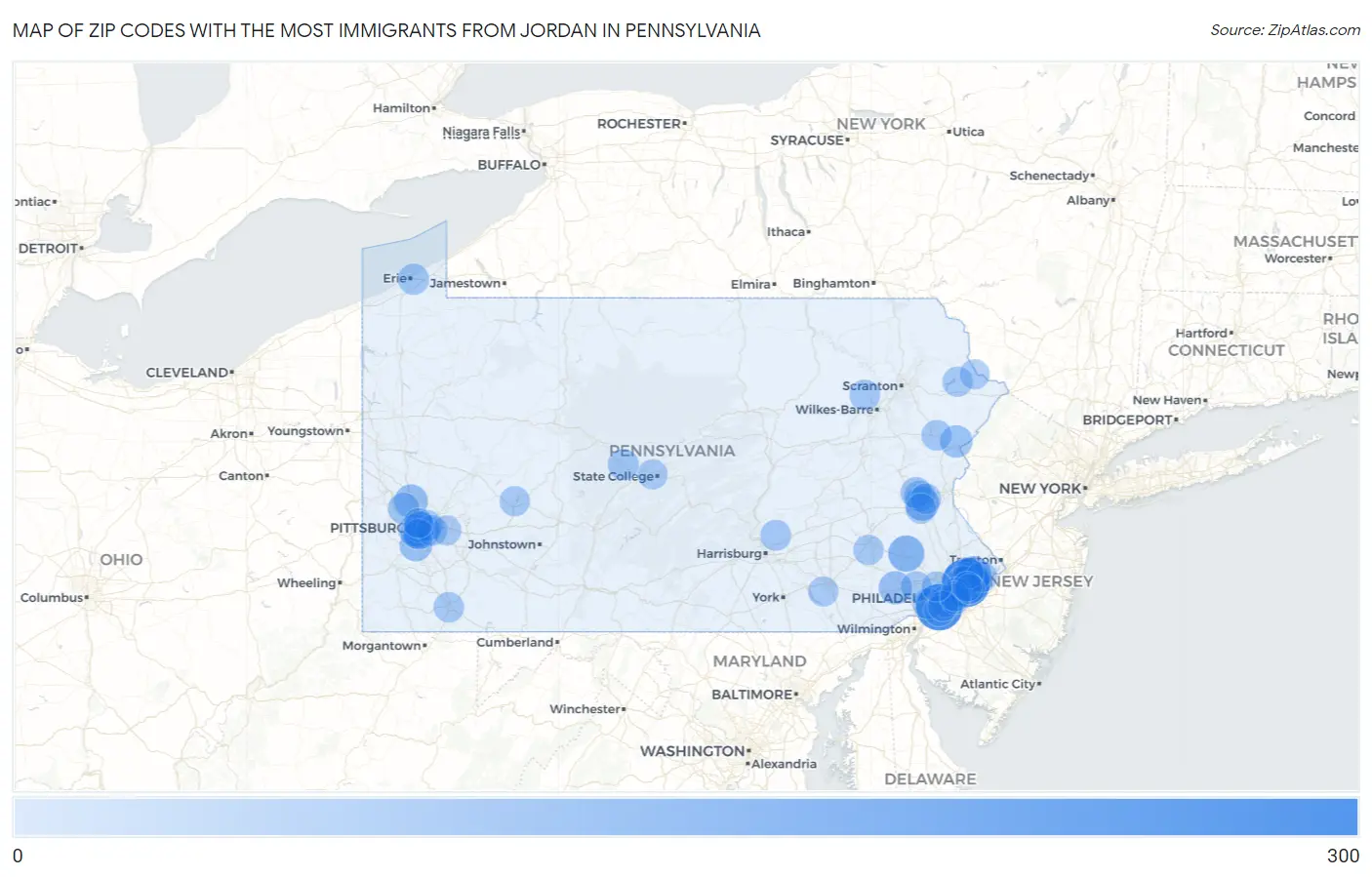 Zip Codes with the Most Immigrants from Jordan in Pennsylvania Map
