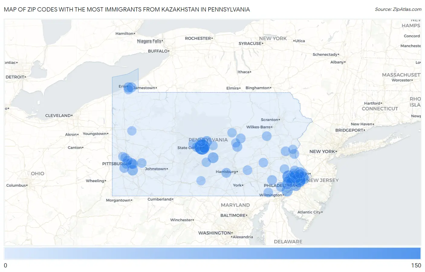 Zip Codes with the Most Immigrants from Kazakhstan in Pennsylvania Map