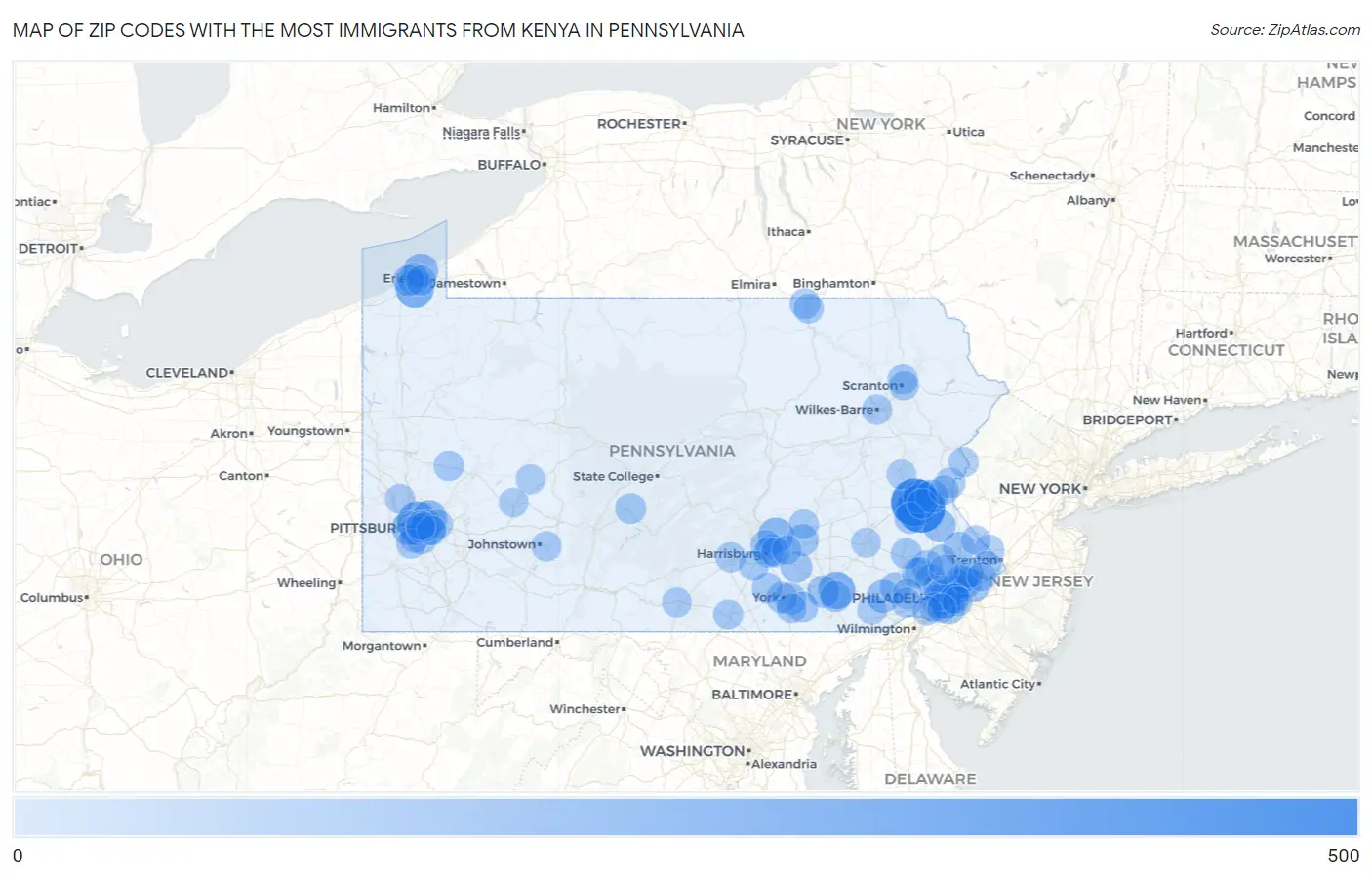 Zip Codes with the Most Immigrants from Kenya in Pennsylvania Map
