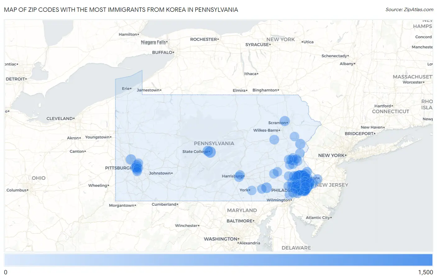 Zip Codes with the Most Immigrants from Korea in Pennsylvania Map