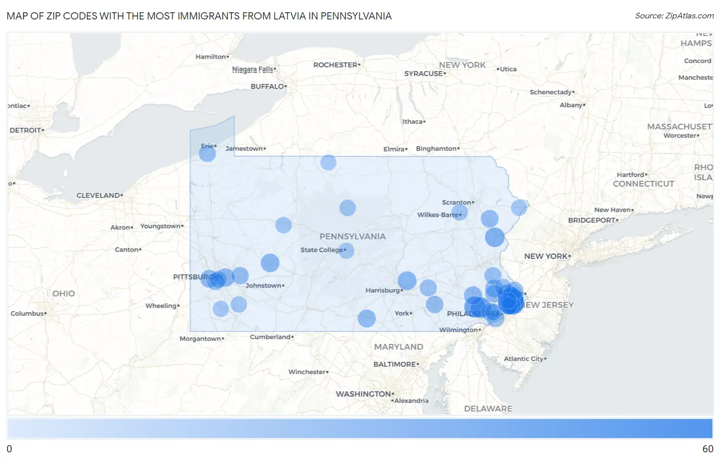 Zip Codes with the Most Immigrants from Latvia in Pennsylvania Map