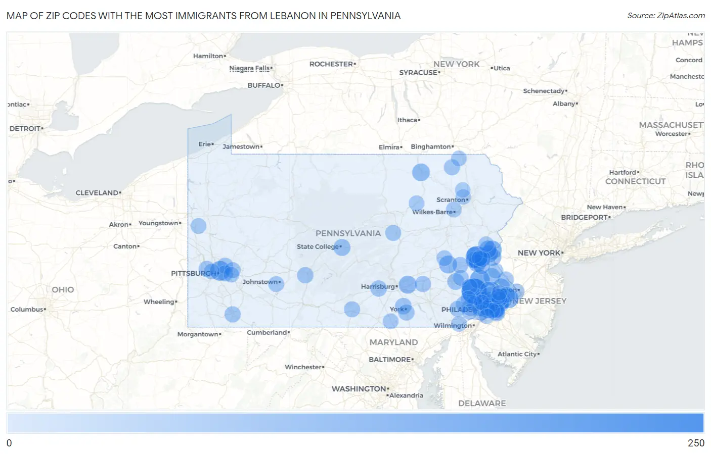 Zip Codes with the Most Immigrants from Lebanon in Pennsylvania Map