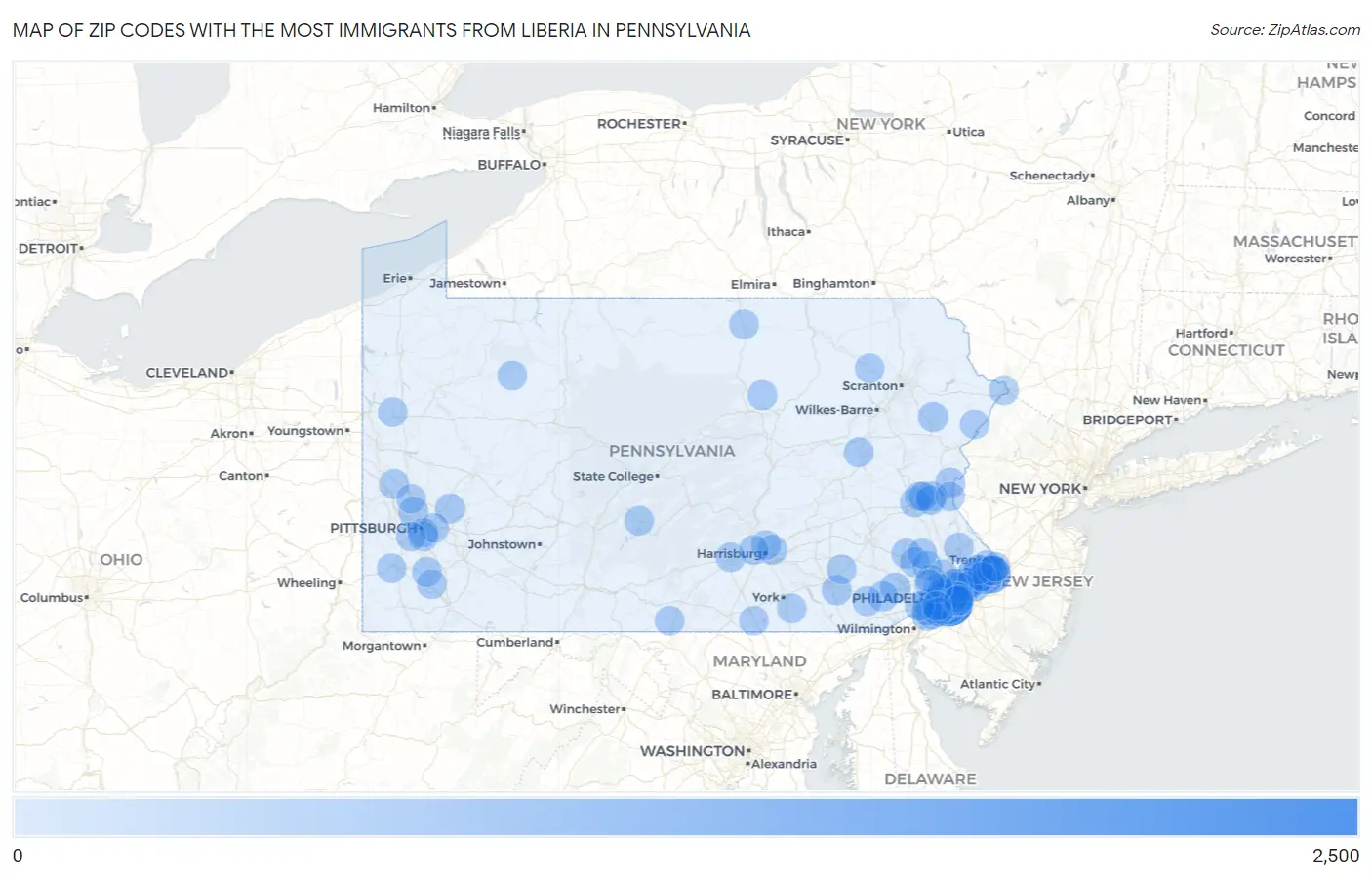 Zip Codes with the Most Immigrants from Liberia in Pennsylvania Map