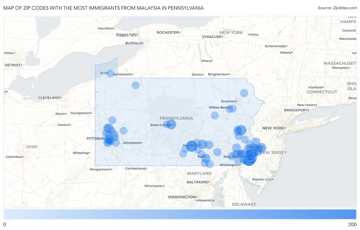 Zip Codes with the Most Immigrants from Malaysia in Pennsylvania Map