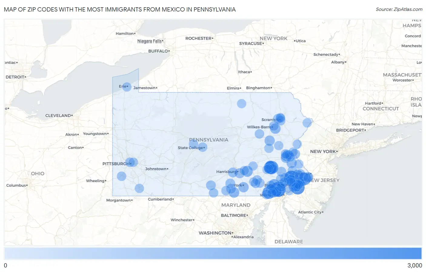 Zip Codes with the Most Immigrants from Mexico in Pennsylvania Map