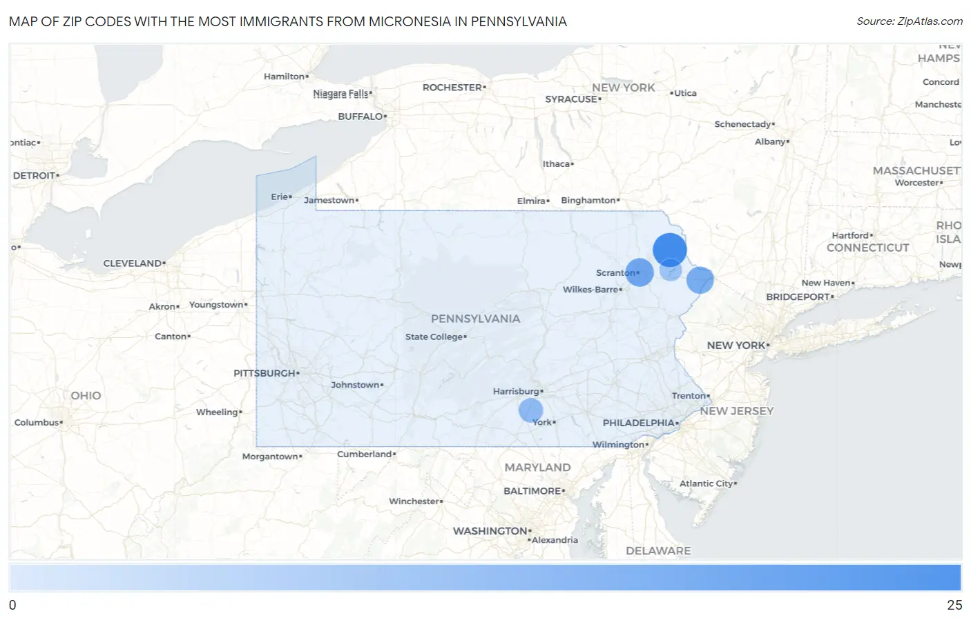 Zip Codes with the Most Immigrants from Micronesia in Pennsylvania Map