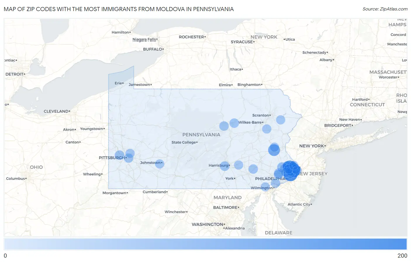 Zip Codes with the Most Immigrants from Moldova in Pennsylvania Map