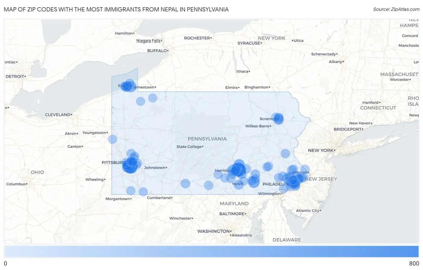 Zip Codes with the Most Immigrants from Nepal in Pennsylvania Map