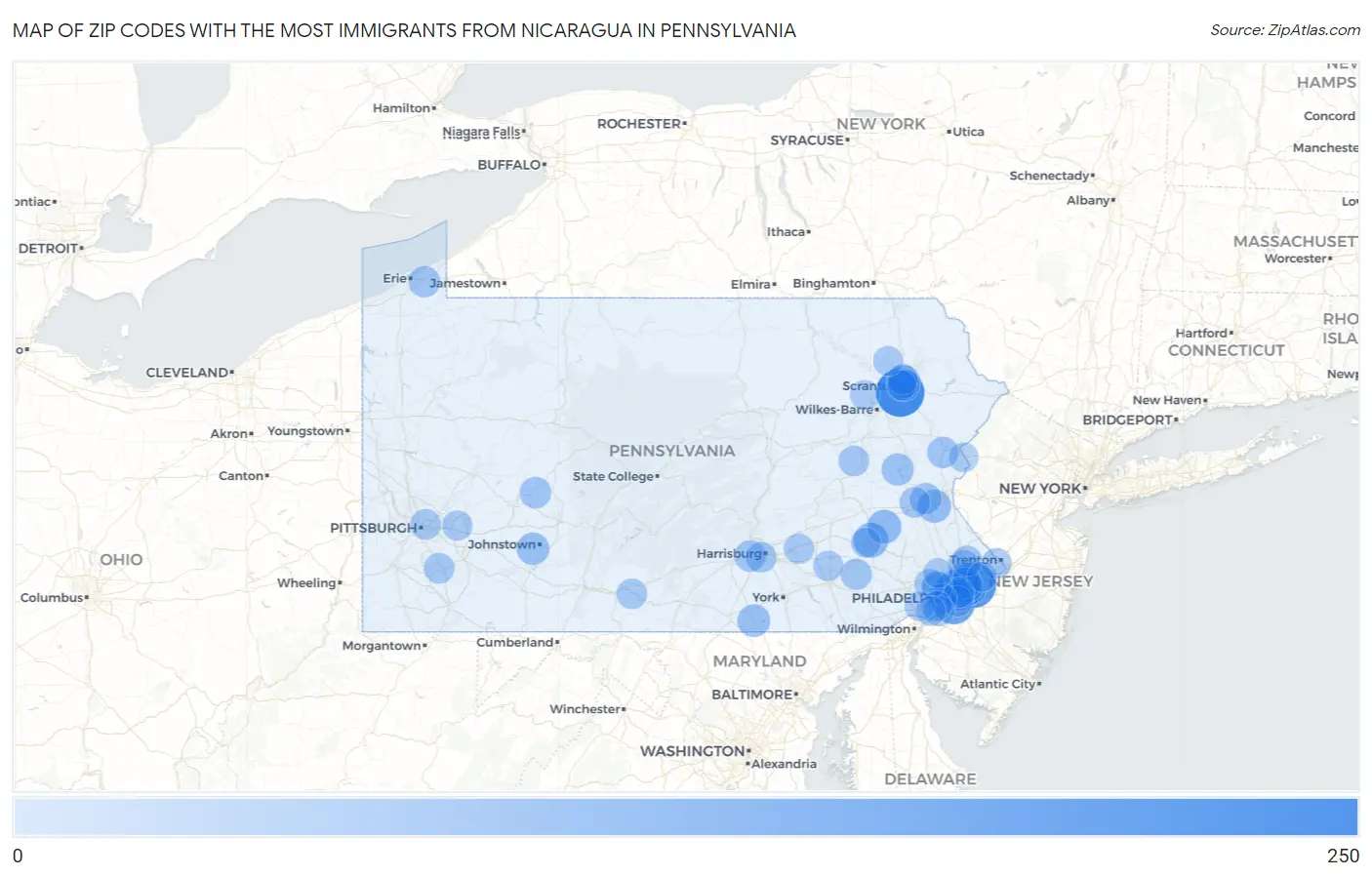 Zip Codes with the Most Immigrants from Nicaragua in Pennsylvania Map