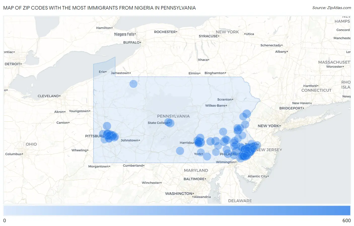 Zip Codes with the Most Immigrants from Nigeria in Pennsylvania Map