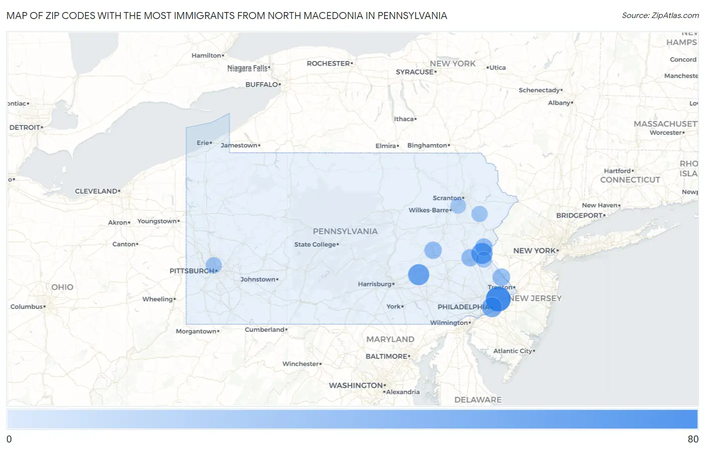 Zip Codes with the Most Immigrants from North Macedonia in Pennsylvania Map