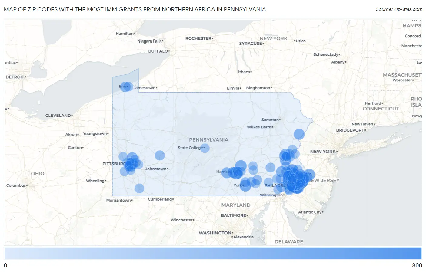 Zip Codes with the Most Immigrants from Northern Africa in Pennsylvania Map