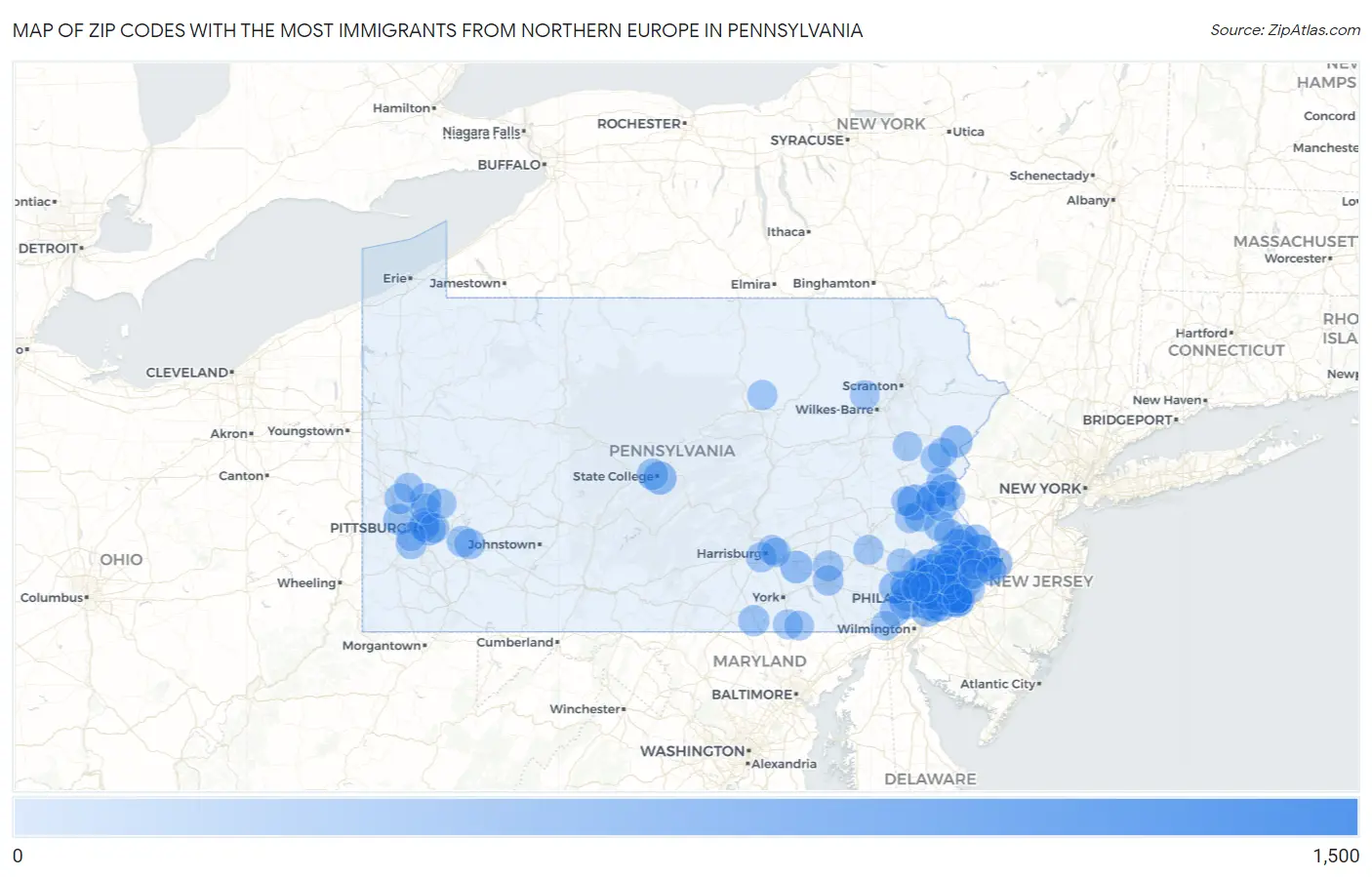 Zip Codes with the Most Immigrants from Northern Europe in Pennsylvania Map