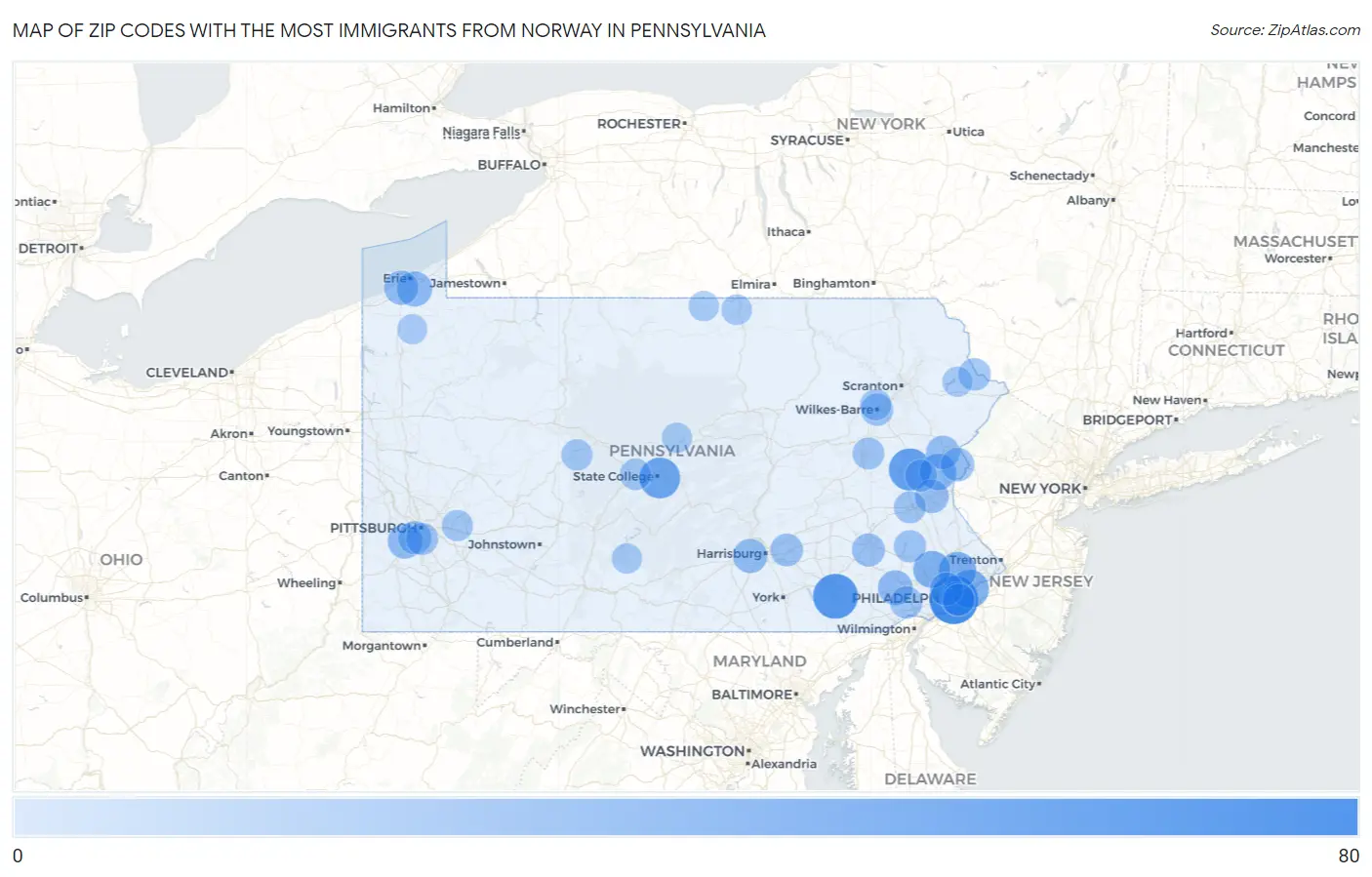 Zip Codes with the Most Immigrants from Norway in Pennsylvania Map