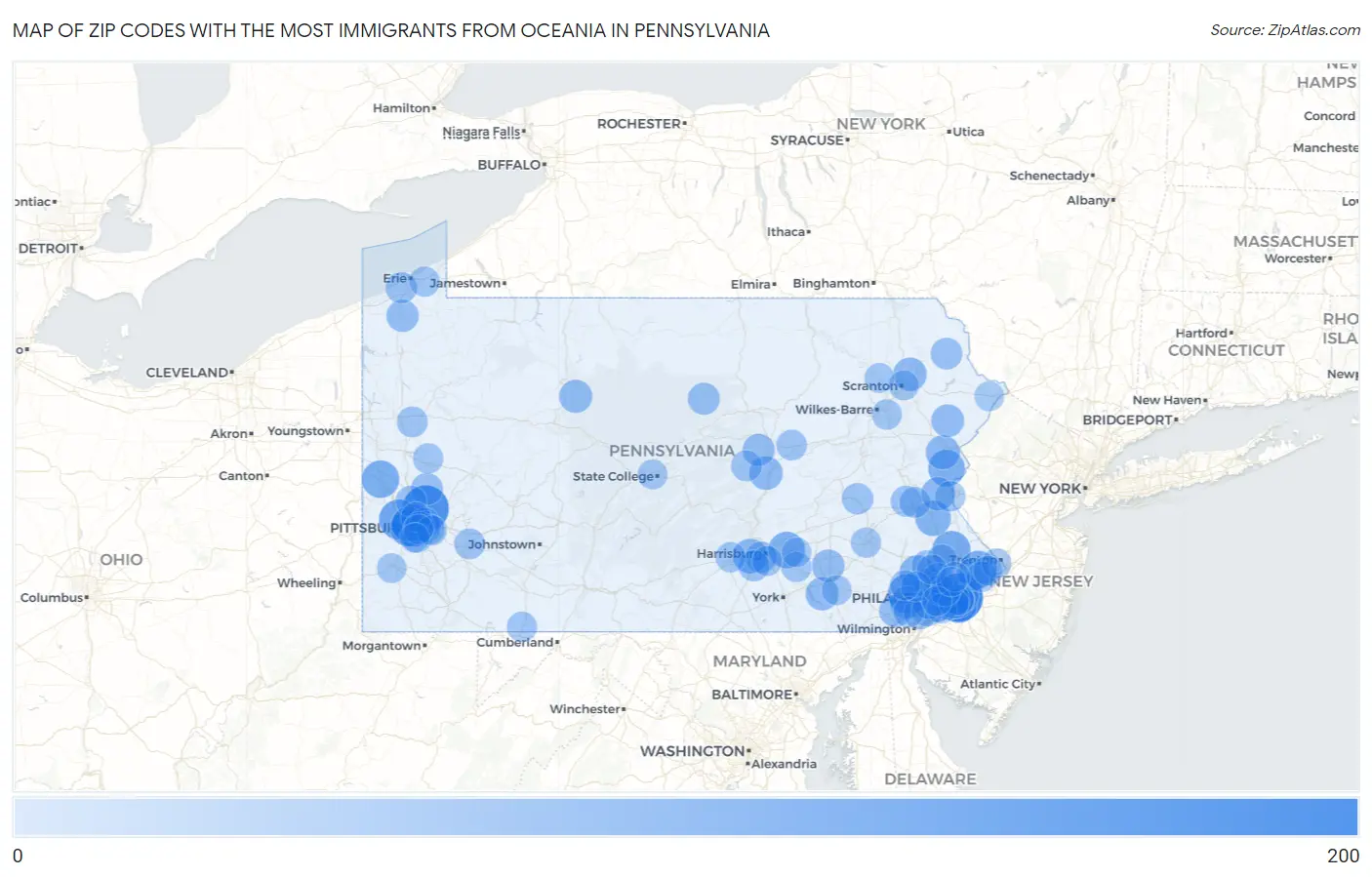 Zip Codes with the Most Immigrants from Oceania in Pennsylvania Map