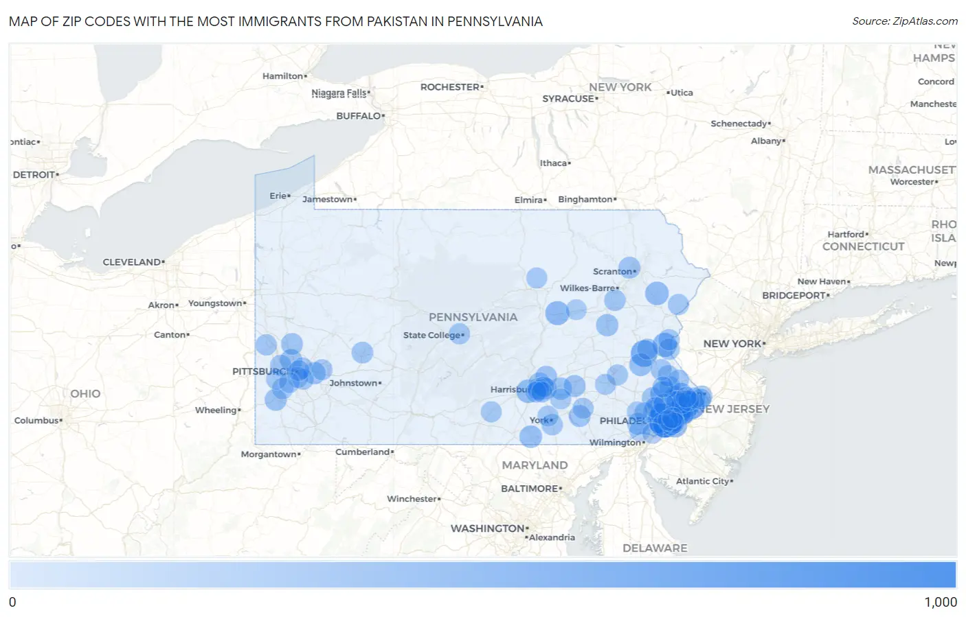 Zip Codes with the Most Immigrants from Pakistan in Pennsylvania Map