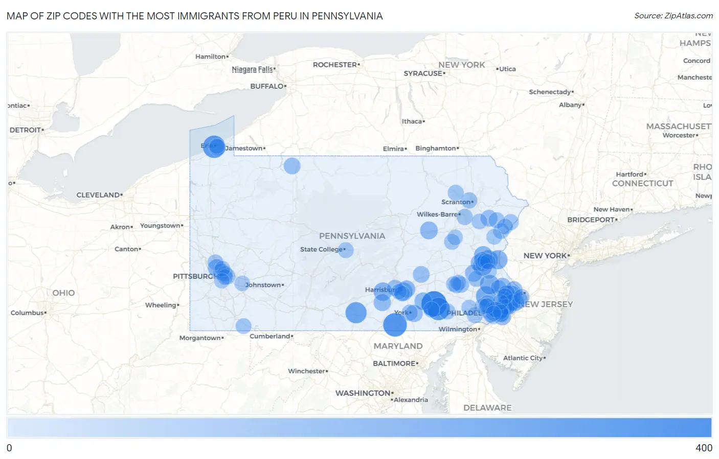 Zip Codes with the Most Immigrants from Peru in Pennsylvania Map