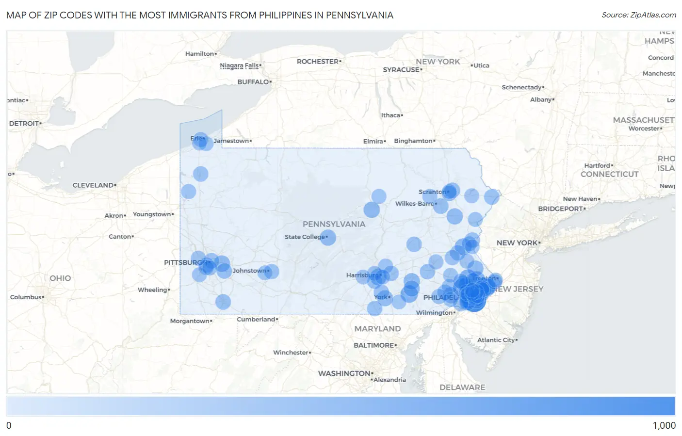 Zip Codes with the Most Immigrants from Philippines in Pennsylvania Map