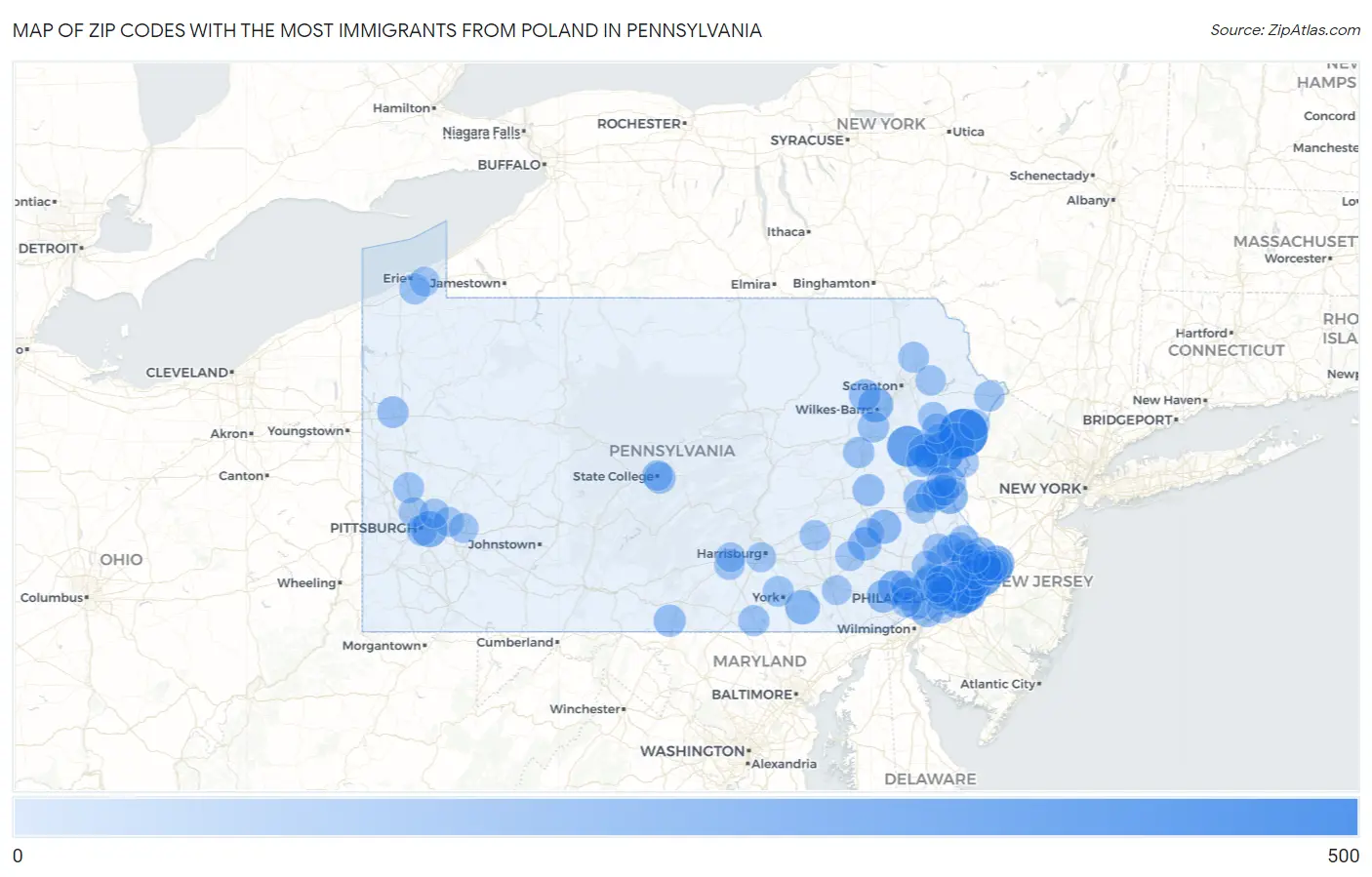 Zip Codes with the Most Immigrants from Poland in Pennsylvania Map