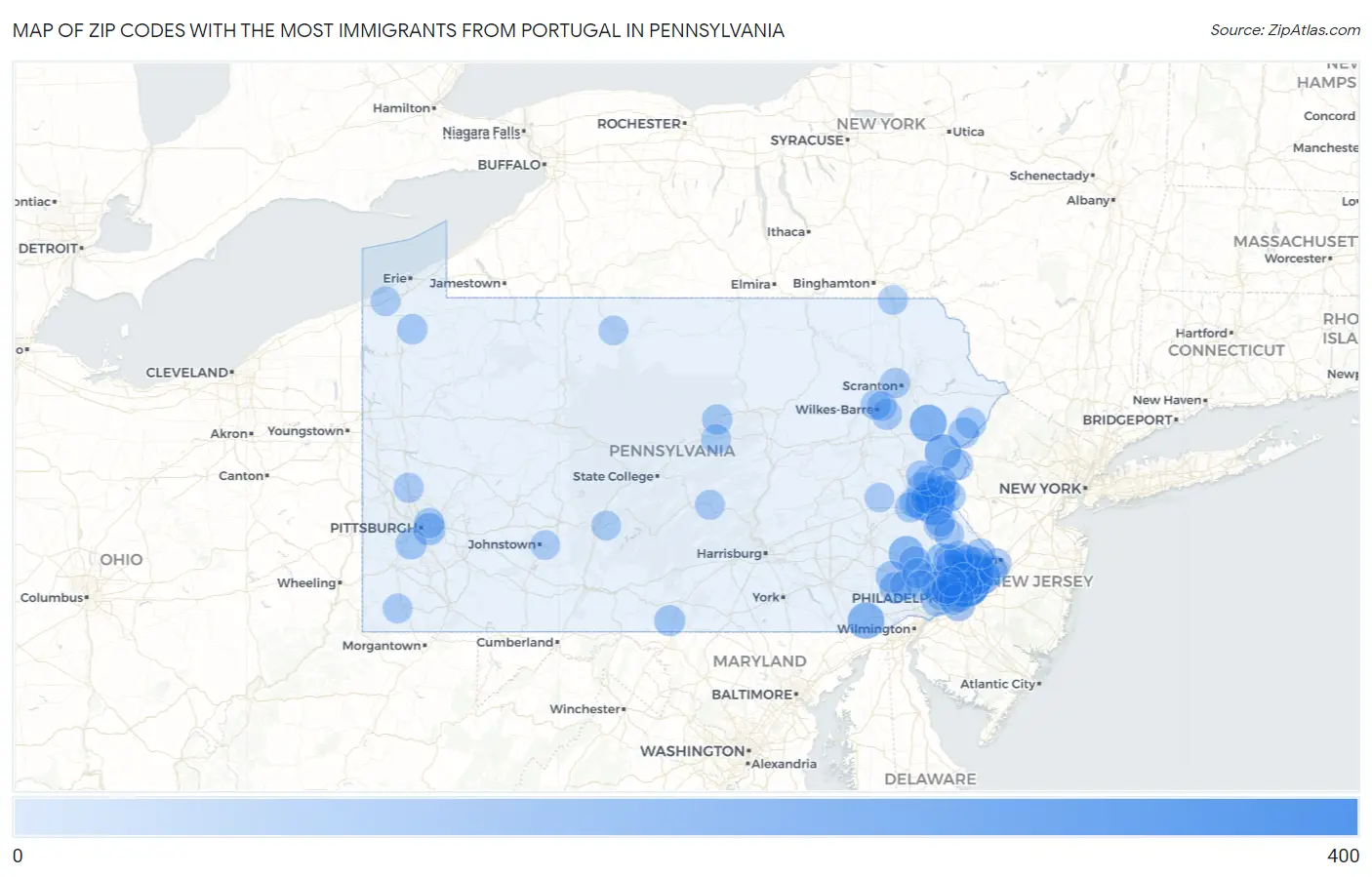 Zip Codes with the Most Immigrants from Portugal in Pennsylvania Map