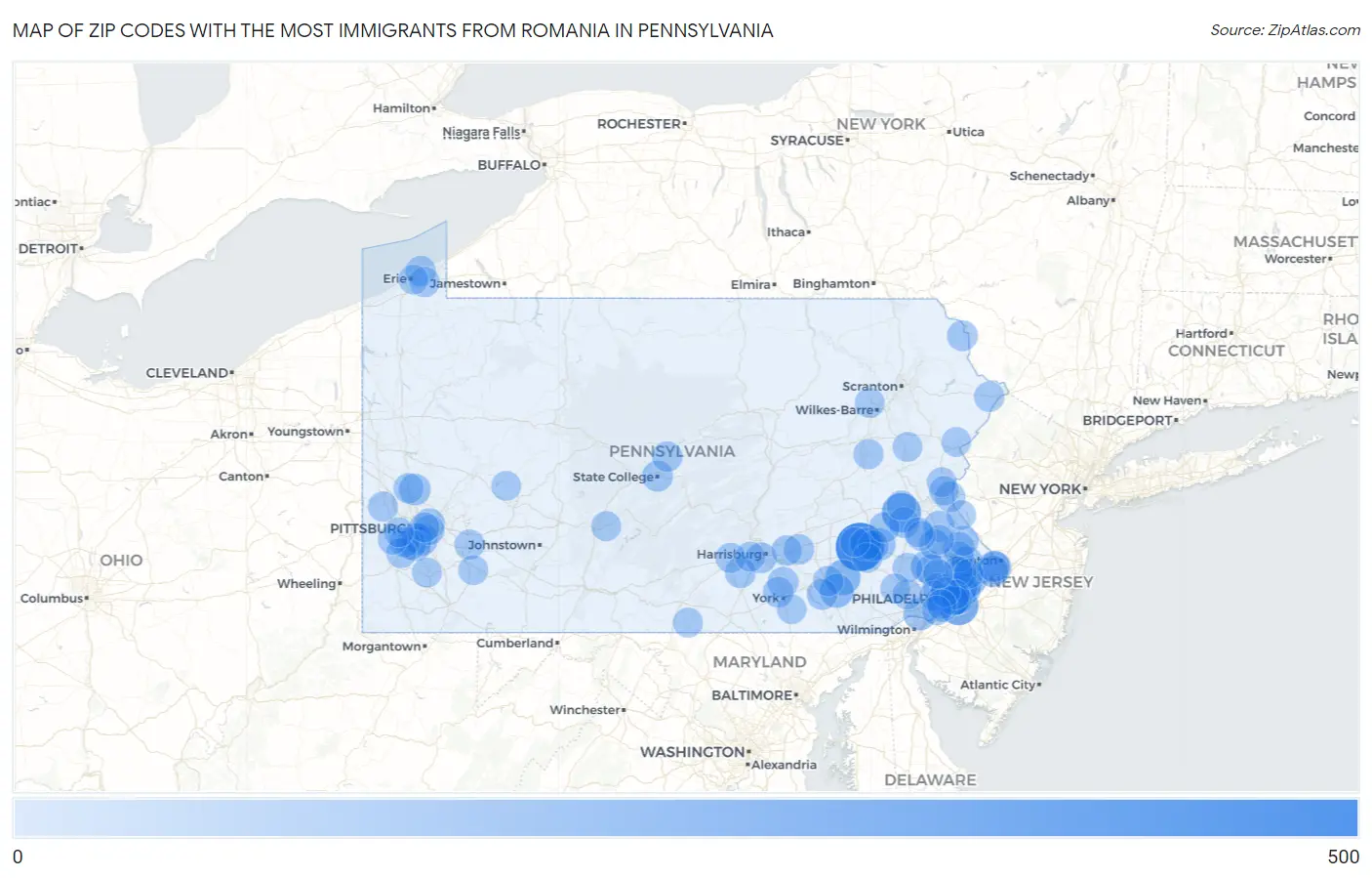 Zip Codes with the Most Immigrants from Romania in Pennsylvania Map