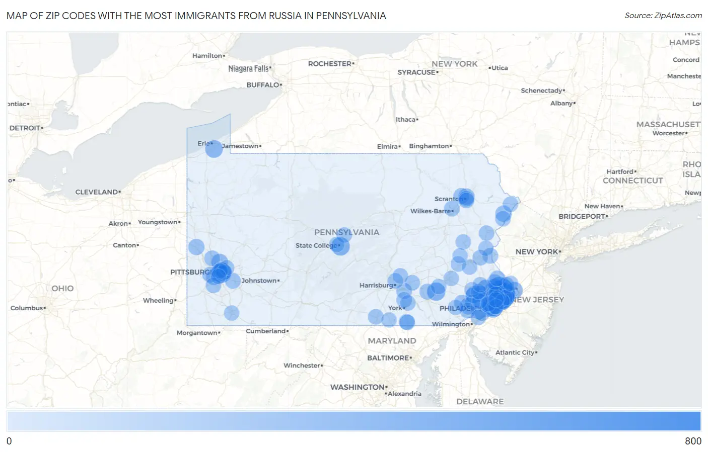Zip Codes with the Most Immigrants from Russia in Pennsylvania Map