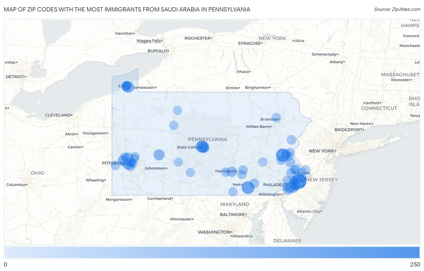 Zip Codes with the Most Immigrants from Saudi Arabia in Pennsylvania Map