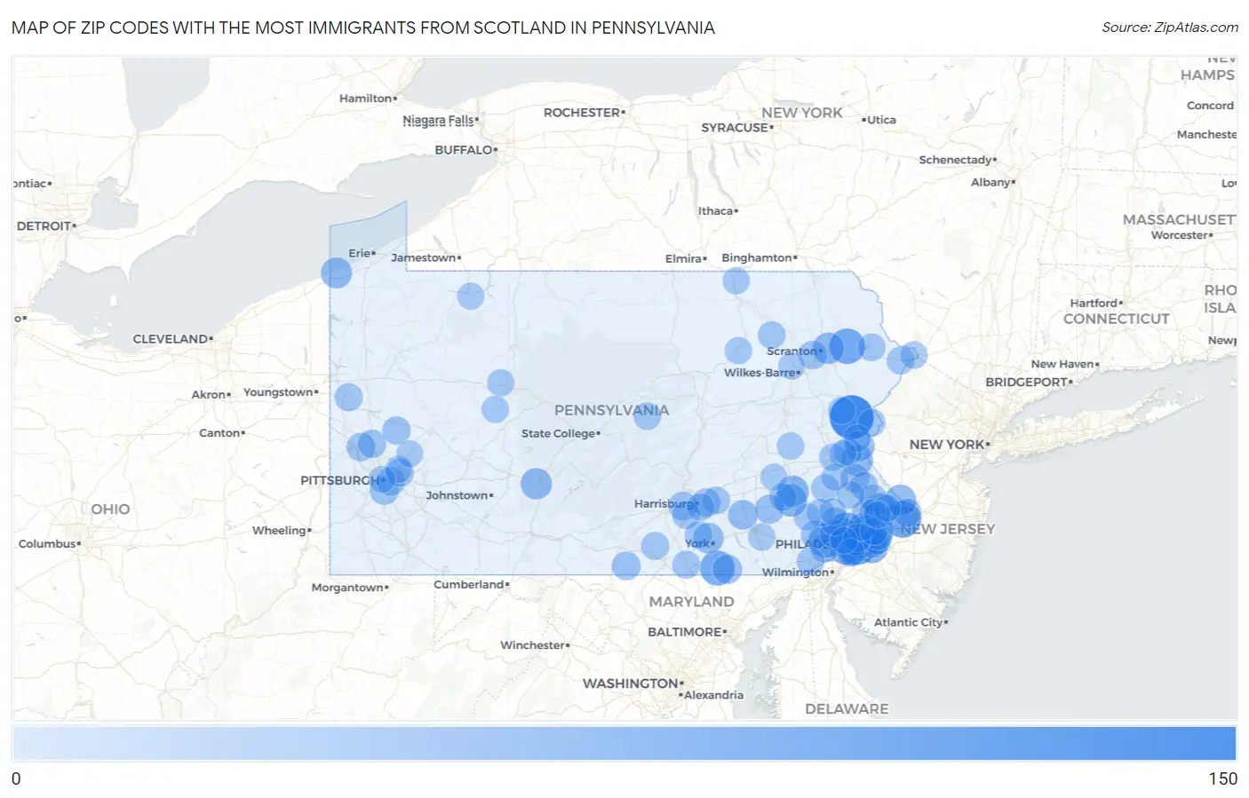 Zip Codes with the Most Immigrants from Scotland in Pennsylvania Map