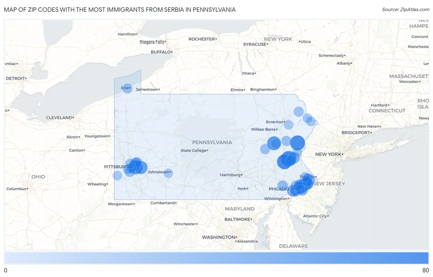 Zip Codes with the Most Immigrants from Serbia in Pennsylvania Map