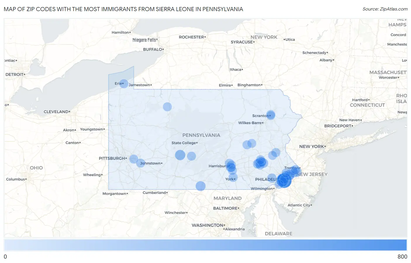 Zip Codes with the Most Immigrants from Sierra Leone in Pennsylvania Map