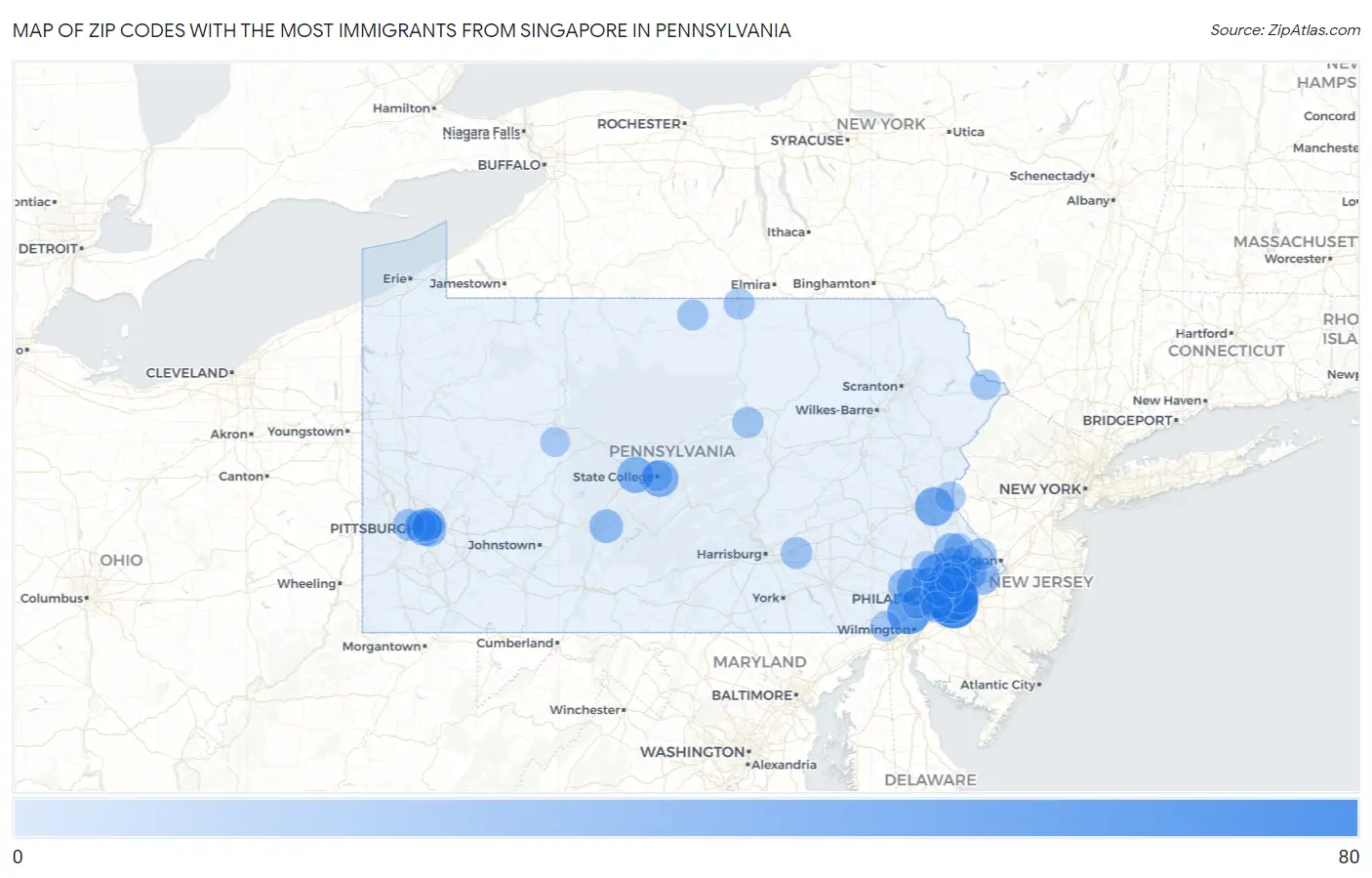 Zip Codes with the Most Immigrants from Singapore in Pennsylvania Map