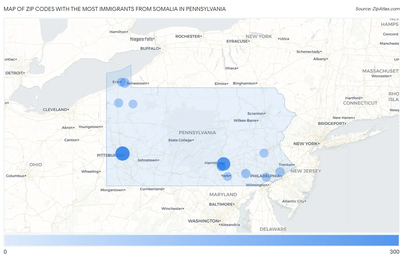 Zip Codes with the Most Immigrants from Somalia in Pennsylvania Map